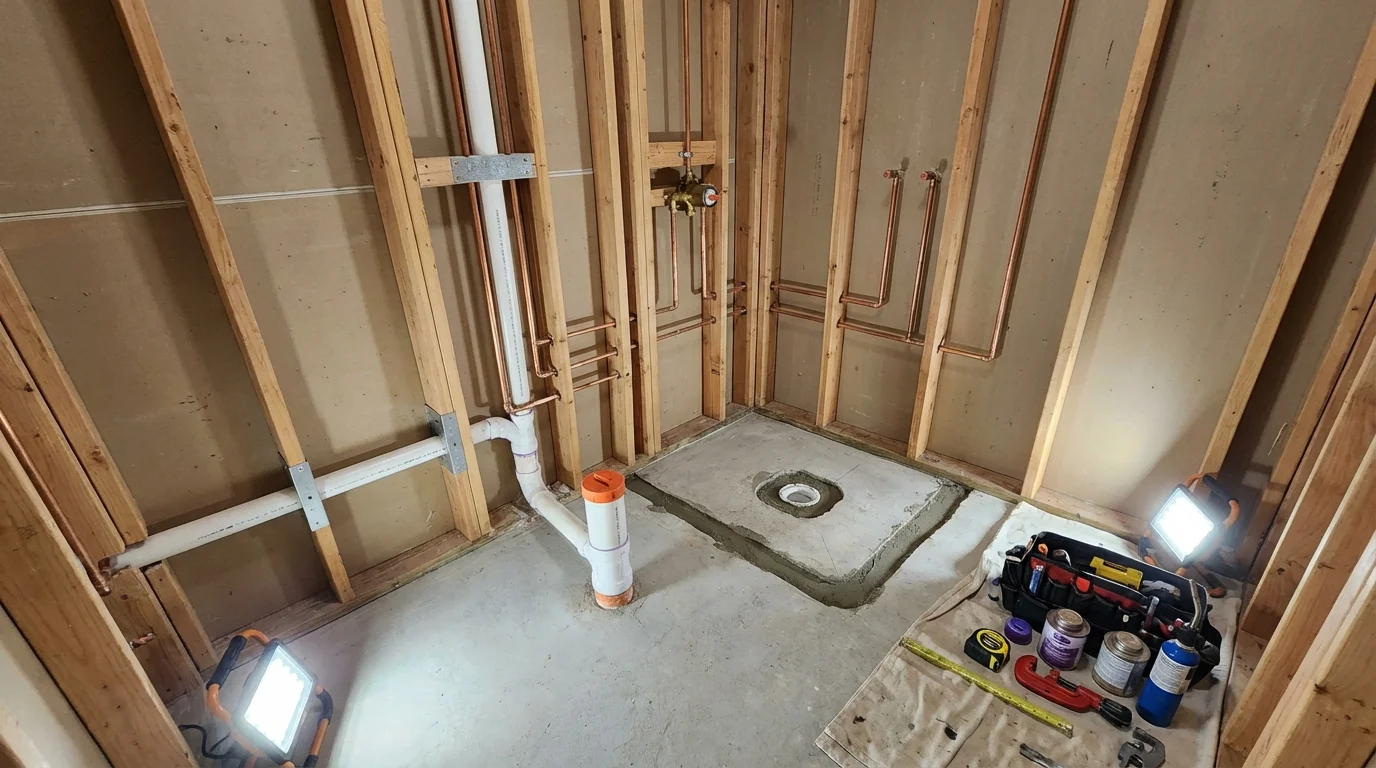 Bathroom rough-in plumbing during remodel by Johns Plumbing LLC in Hibbing