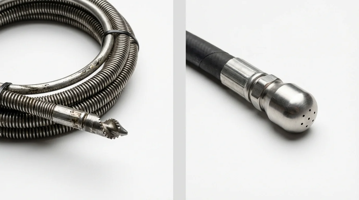 Drain snake cable and hydro jetting nozzle used for drain cleaning in Hibbing, MN