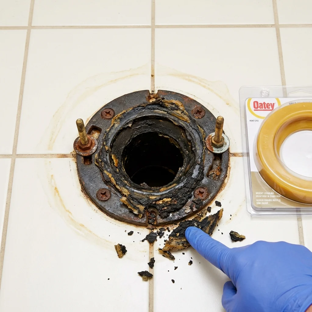 Failed wax ring showing water seepage at the base of a toilet in a Hibbing, MN home